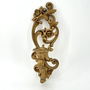 VINTAGE 1971 Homco MCM Gold Ornate Wall Sconce Candle Holder Hollywood Regency